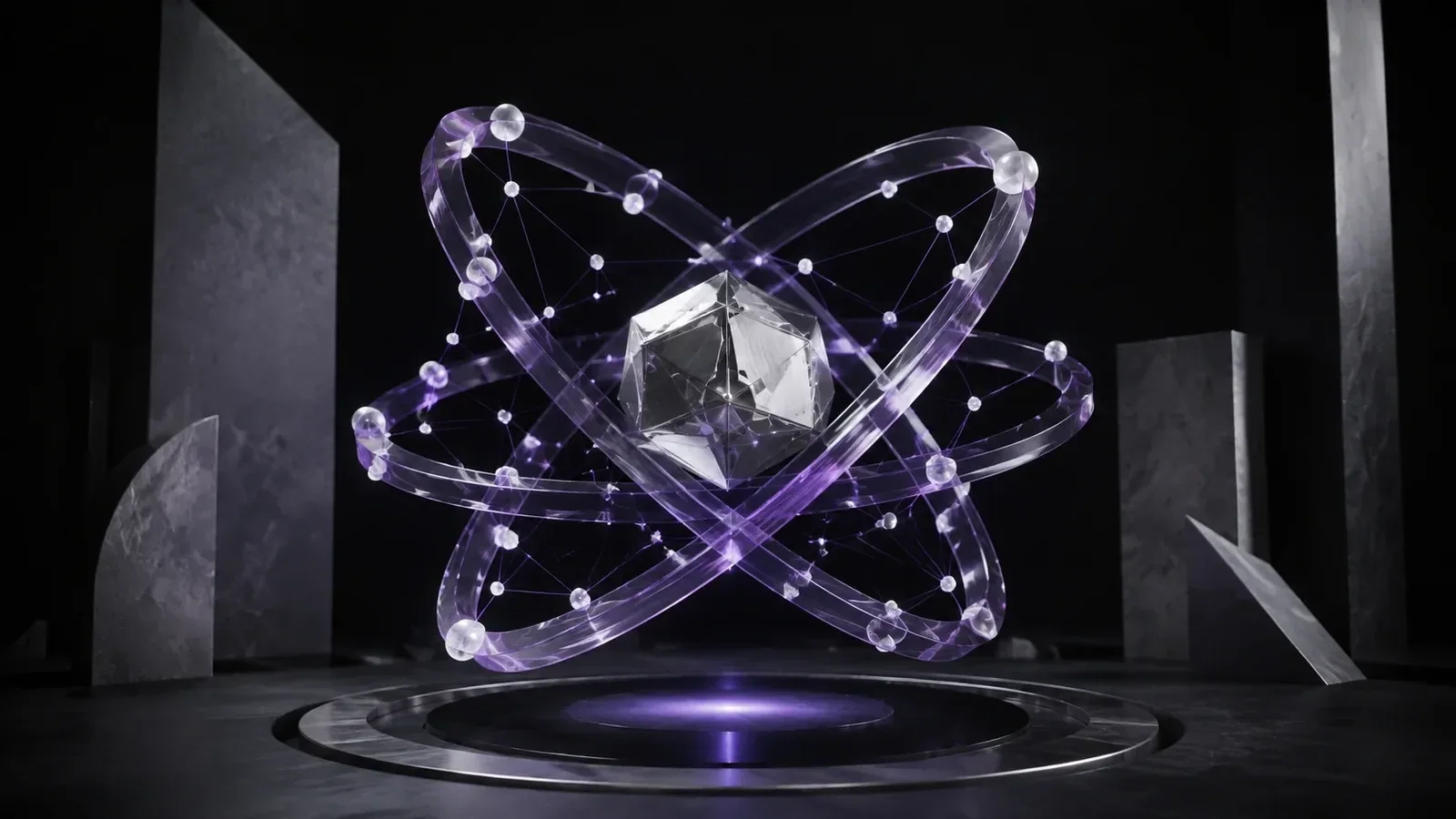Núcleo geométrico de prata envolto em órbitas de vidro violeta, ilustração conceitual sobre modelos de IA